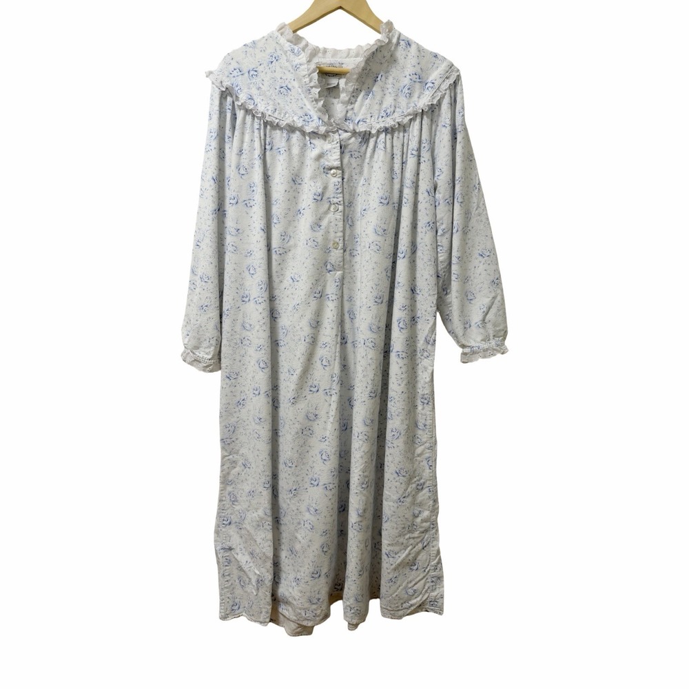Lanz of Salzburg Floral Lace Trim Flannel Long Nightgown Size M Blue Cottagecore